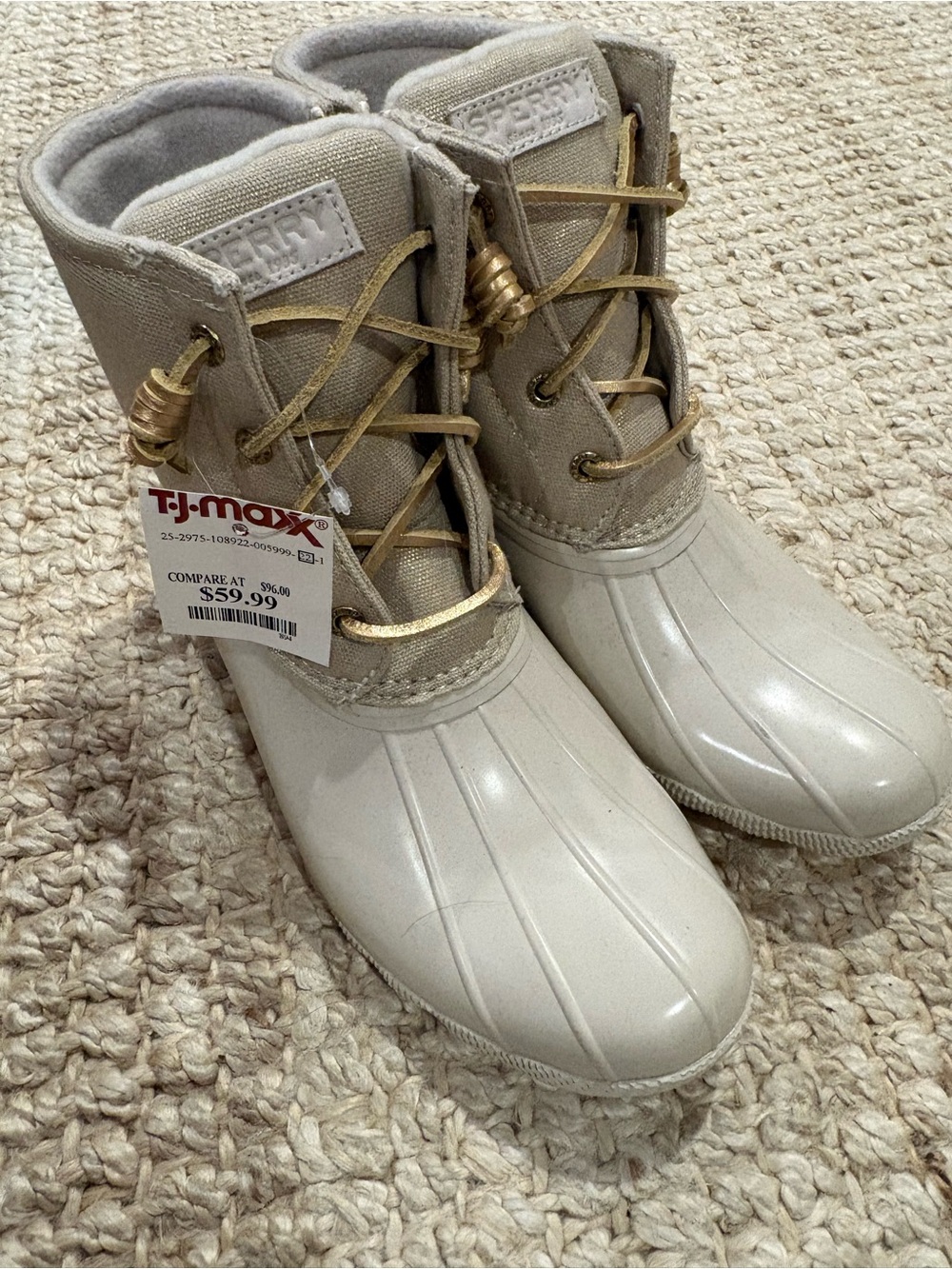 Sperry Women’s Light Beige Waterproof Duck Boots with Gold Accents